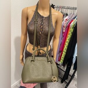 MICHAEL KORS Olive Saffiano leather Dome Satchel with Gold Logo Charm